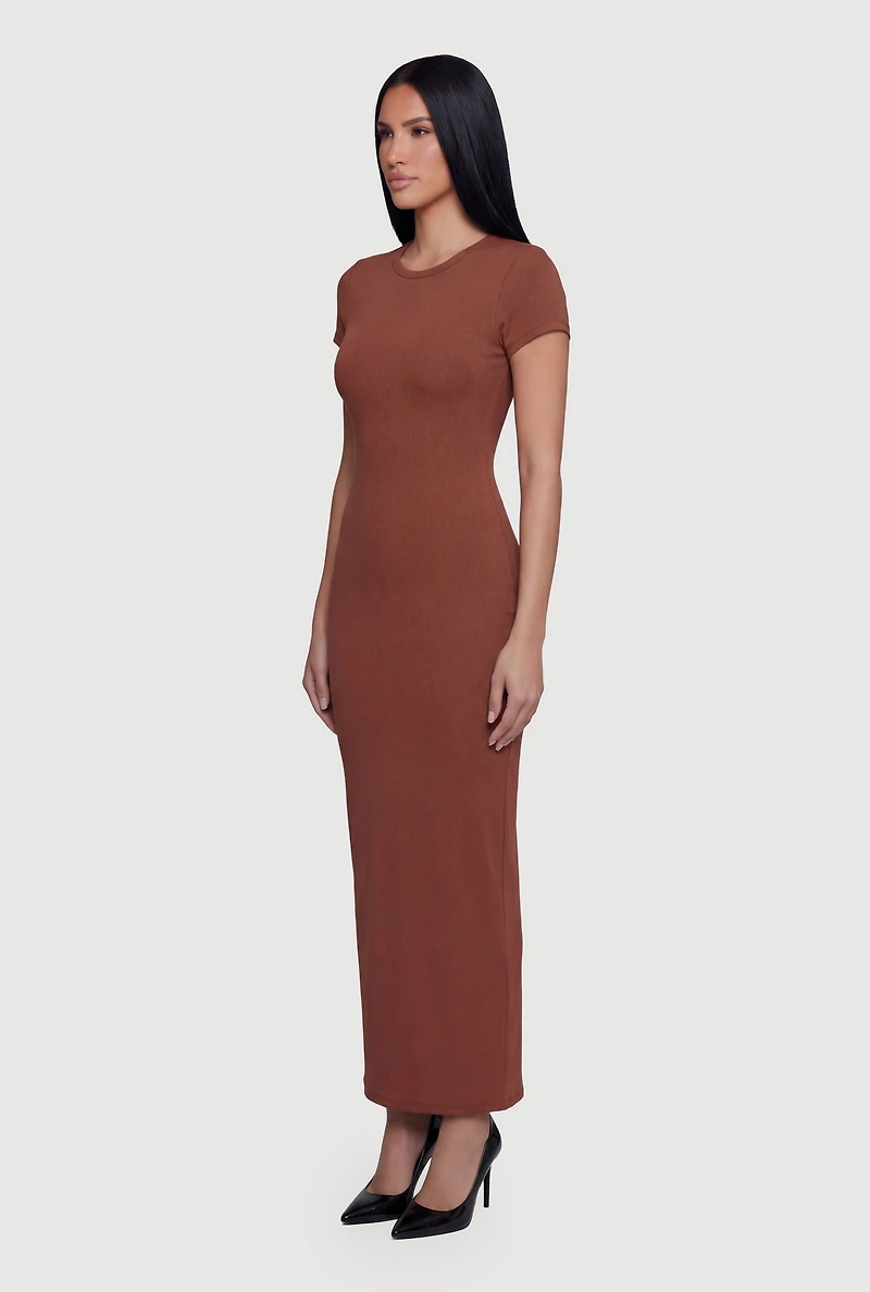 Short Sleeve Crew Neck Slit Back Maxi Dress