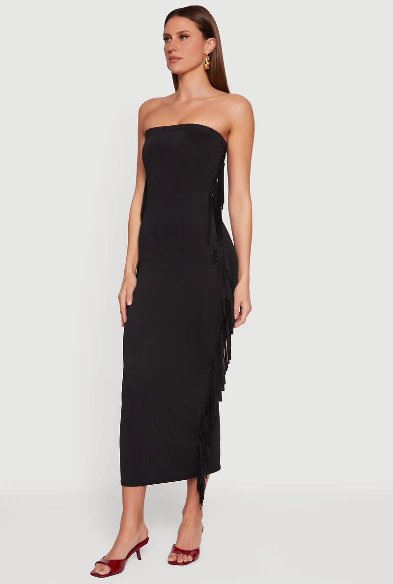 Fringe Side Slit Back Maxi Tube Dress