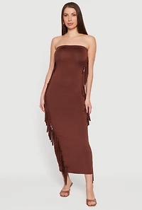 Fringe Side Slit Back Maxi Tube Dress