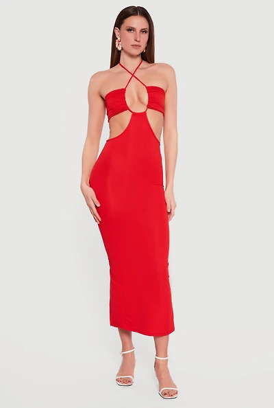 Rib Knit Cutout Halter Maxi Dress