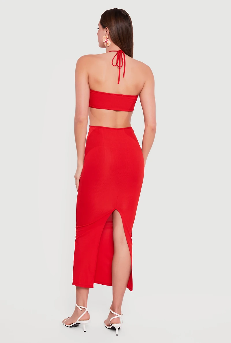 Rib Knit Cutout Halter Maxi Dress
