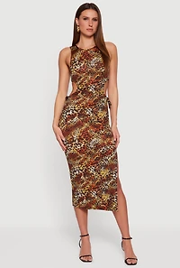 Animal Print Side Slit Drawstring Cut Out Midi Dress