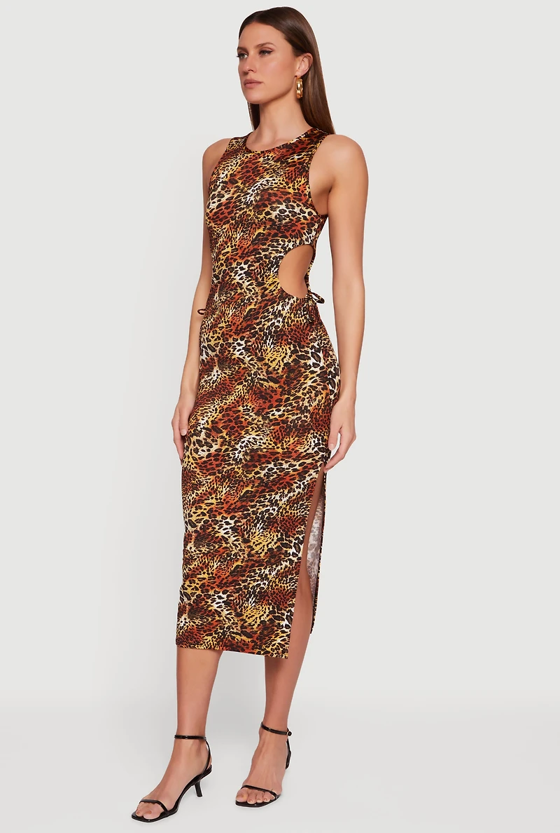 Animal Print Side Slit Drawstring Cut Out Midi Dress