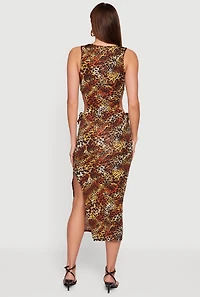 Animal Print Side Slit Drawstring Cut Out Midi Dress