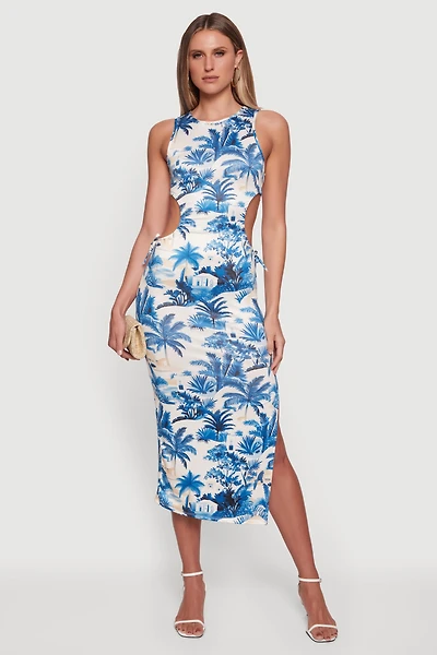 Palm Tree Tropical Print Side Cut Out Dress