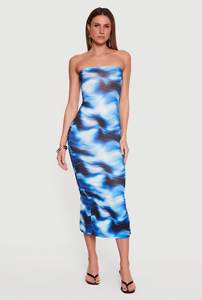 Wave Print Slit Back Tube Dress