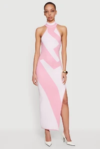 Abstract Print Side Slit Halter Maxi Dress