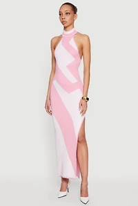 Abstract Print Side Slit Halter Maxi Dress