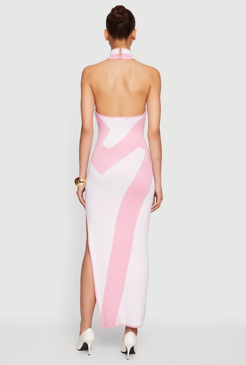 Abstract Print Side Slit Halter Maxi Dress