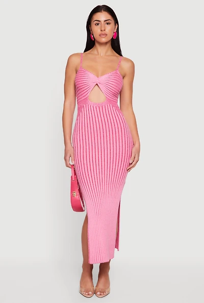 Sleeveless Ribbed Knit Striped Midi Dress with Keyhole