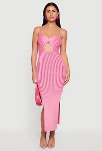 Sleeveless Ribbed Knit Striped Midi Dress with Keyhole