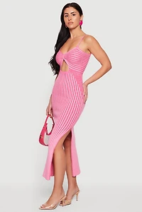 Sleeveless Ribbed Knit Striped Midi Dress with Keyhole