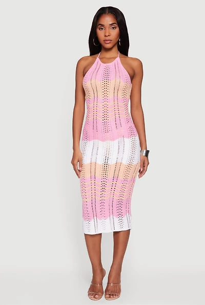 Chevron Stripe Crochet Halter Midi Dress