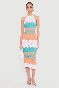 Chevron Stripe Crochet Halter Midi Dress