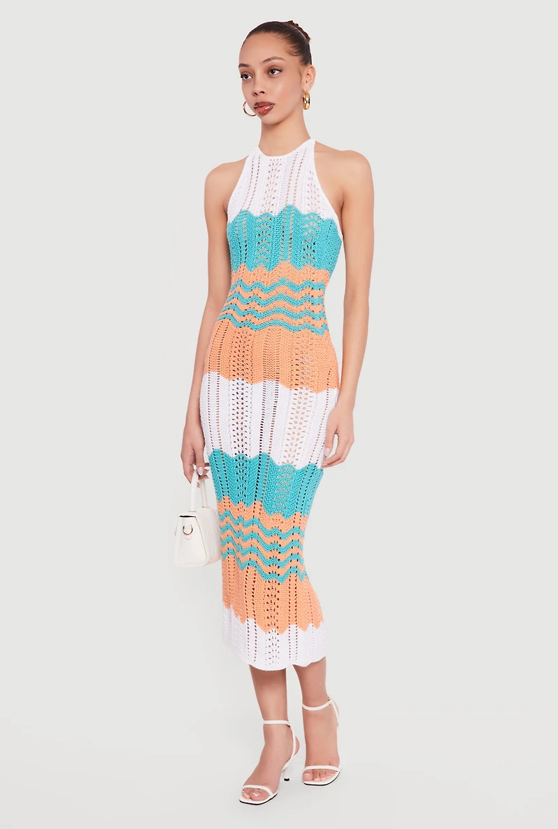 Chevron Stripe Crochet Halter Midi Dress