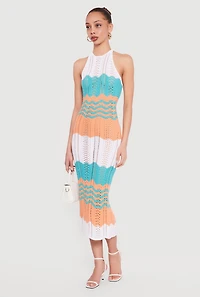 Chevron Stripe Crochet Halter Midi Dress