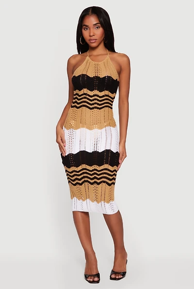 Chevron Stripe Crochet Halter Midi Dress
