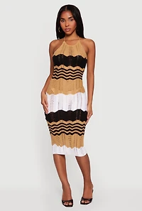 Chevron Stripe Crochet Halter Midi Dress