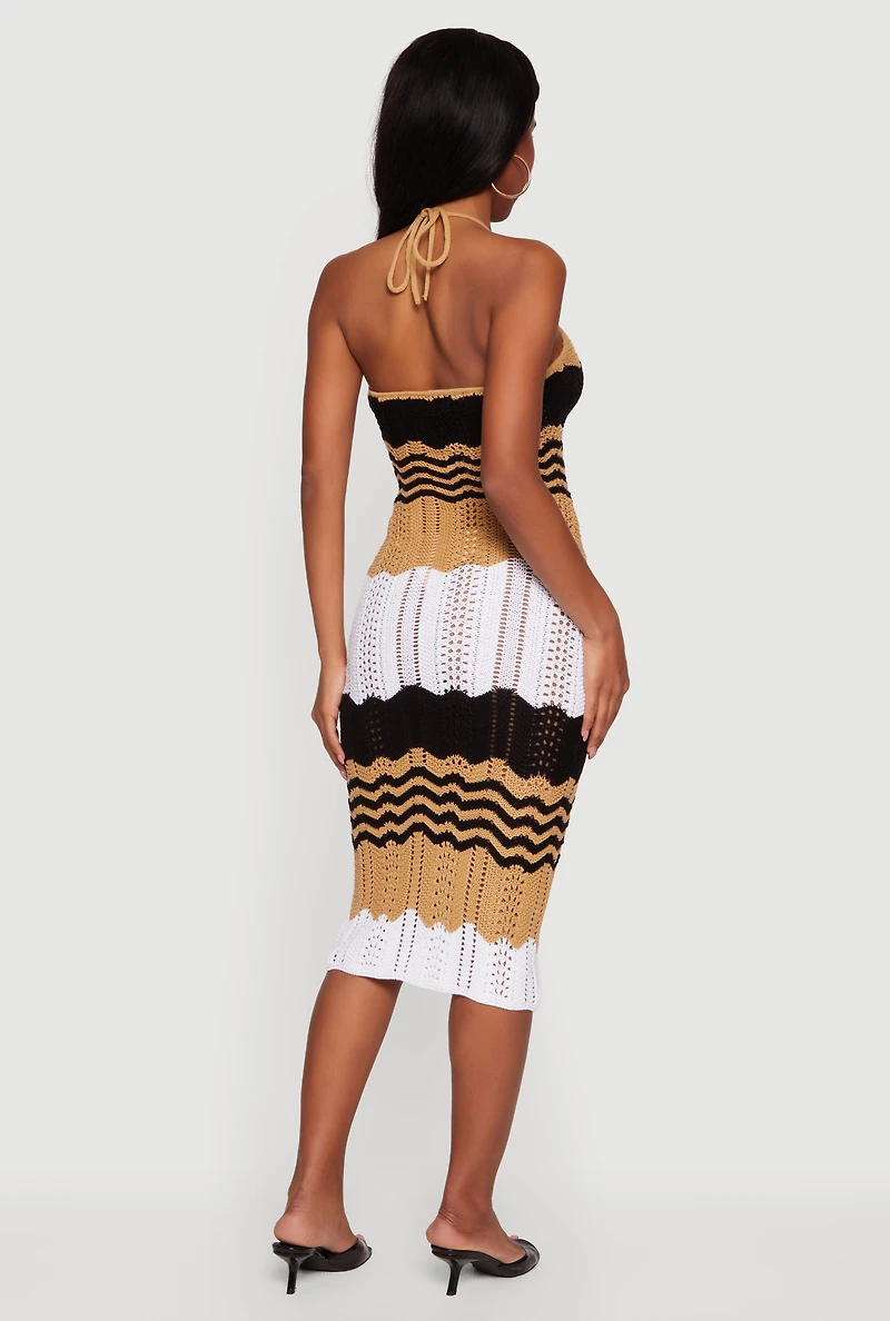 Chevron Stripe Crochet Halter Midi Dress