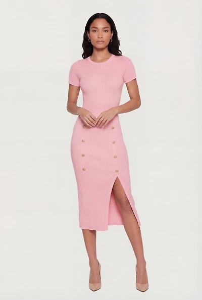 Ribbed Knit Short Sleeve Midi Dress with Faux Buttons