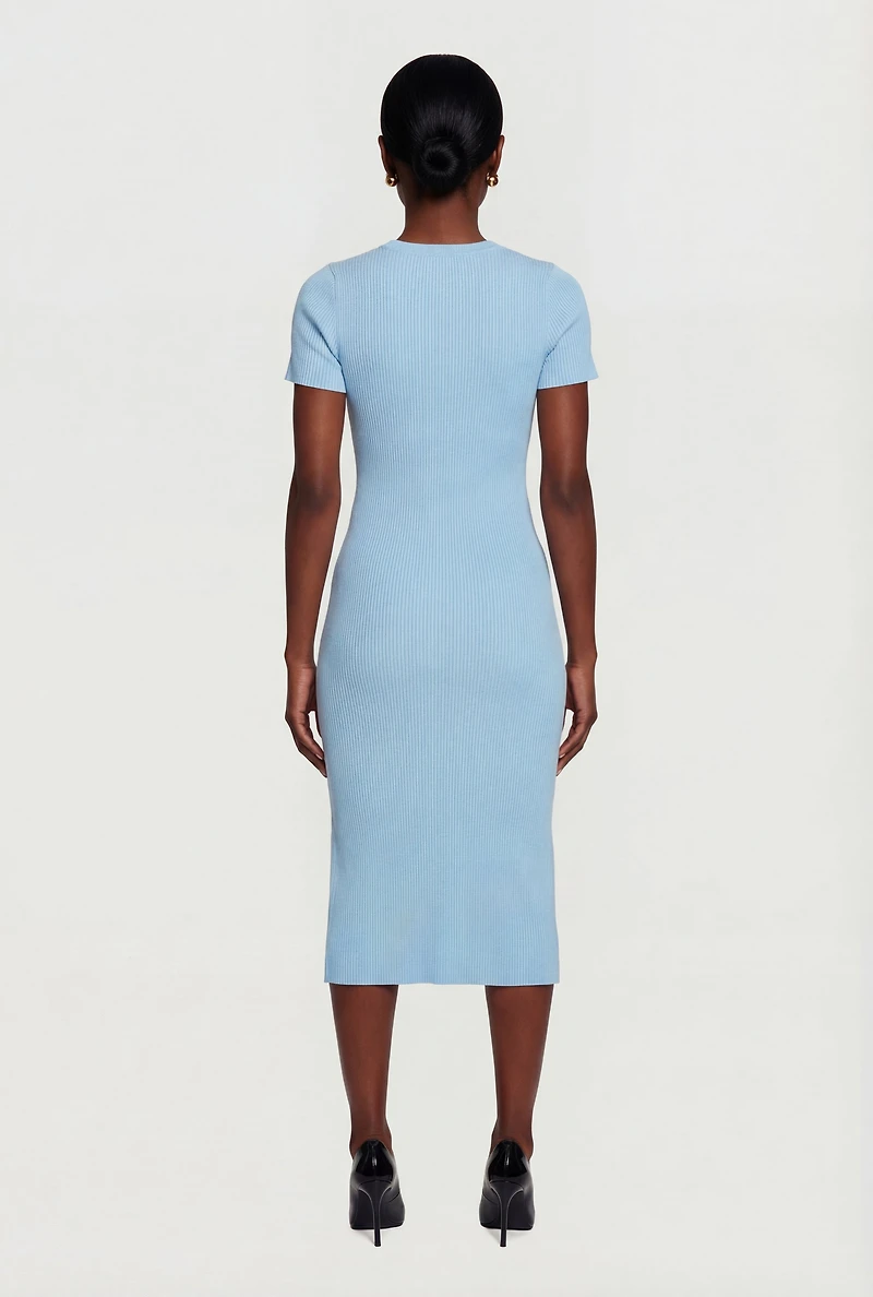 Ribbed Knit Short Sleeve Midi Dress with Faux Buttons