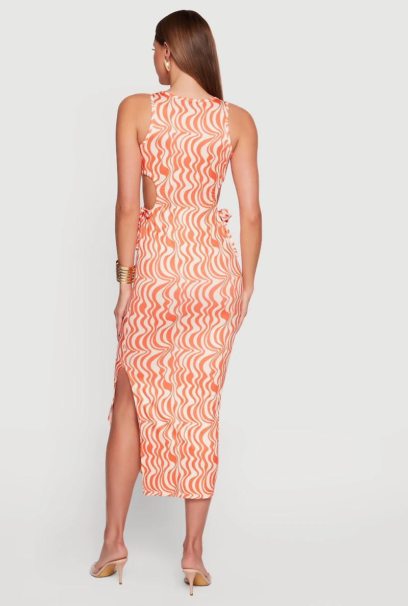 Swirl Print Drawstring Keyhole Side Maxi Dress