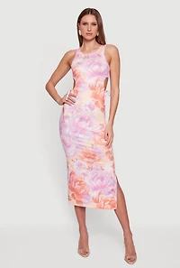 Floral Drawstring Keyhole Side Maxi Dress
