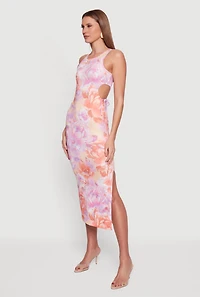 Floral Drawstring Keyhole Side Maxi Dress