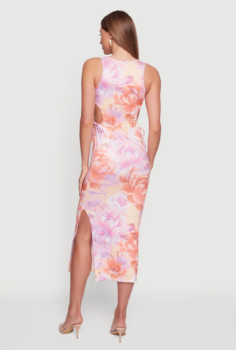 Floral Drawstring Keyhole Side Maxi Dress