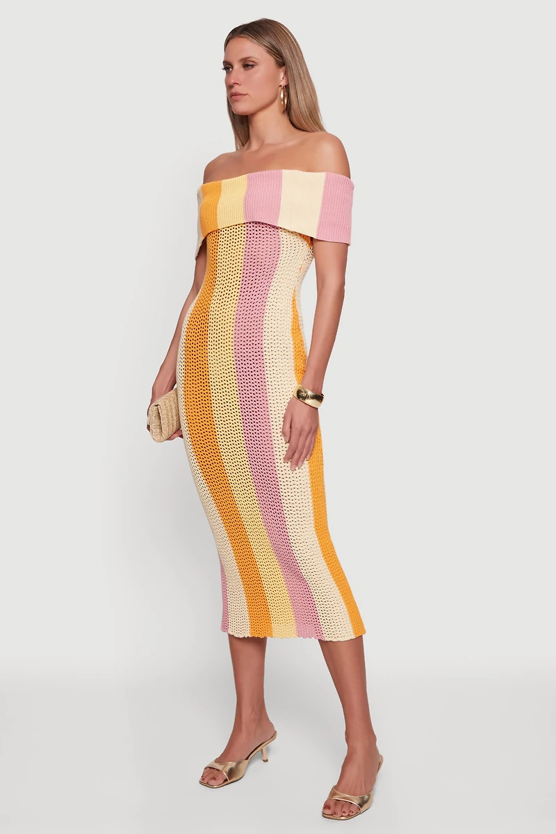 Fold Over Off The Shoulder Crochet Midi Dress