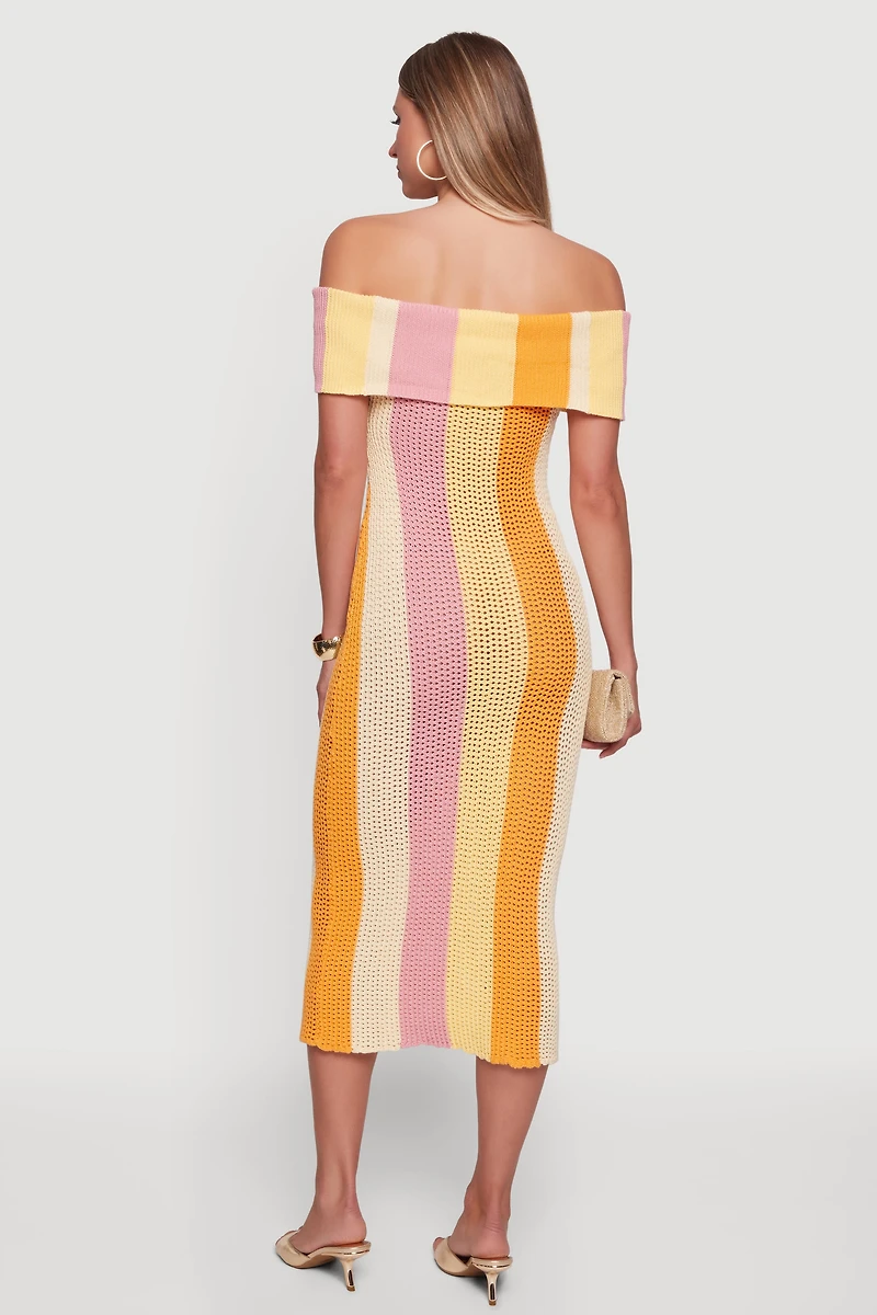 Fold Over Off The Shoulder Crochet Midi Dress