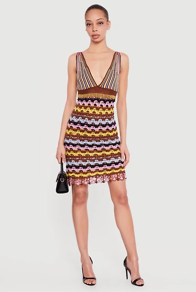 Striped Plunge Mini Crochet Dress