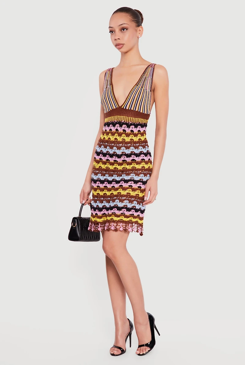 Striped Plunge Mini Crochet Dress
