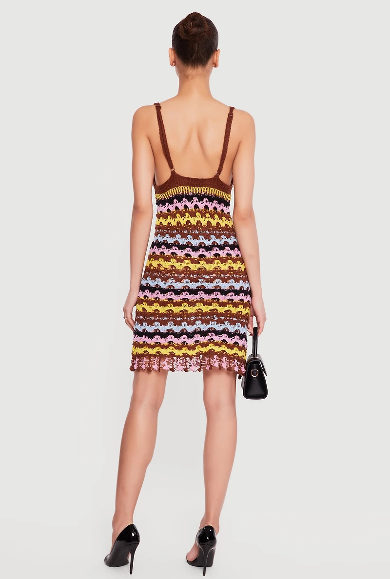 Striped Plunge Mini Crochet Dress