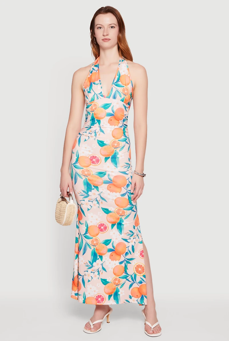Floral Tangerine Print Tie Back Halter Neck Mermaid Dress