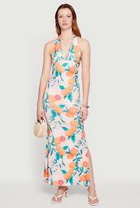 Floral Tangerine Print Tie Back Halter Neck Mermaid Dress