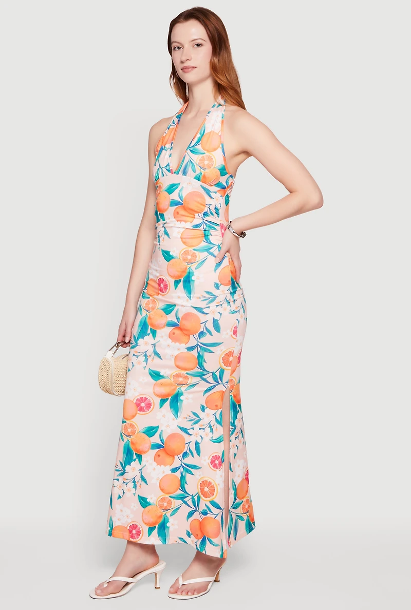 Floral Tangerine Print Tie Back Halter Neck Mermaid Dress