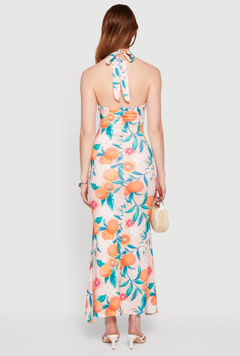 Floral Tangerine Print Tie Back Halter Neck Mermaid Dress