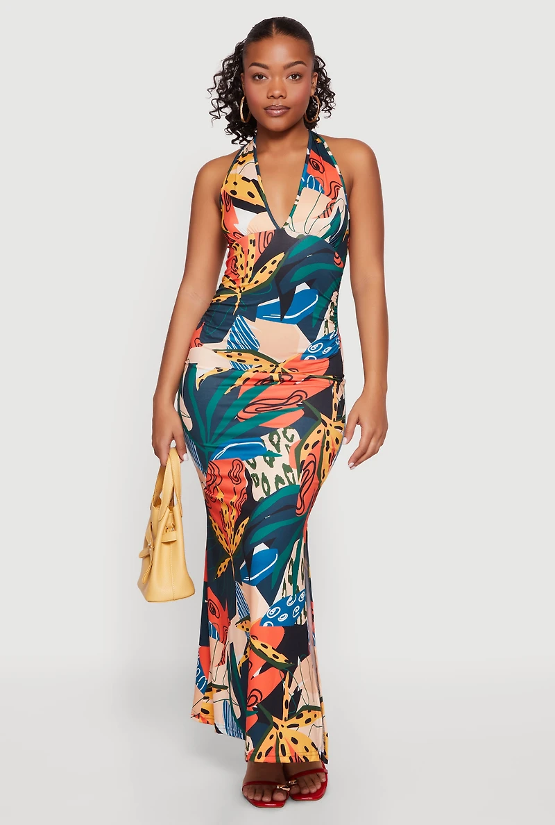 Printed Pattern Tie Back Halter Neck Mermaid Dress