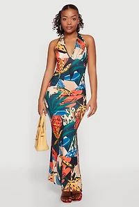 Printed Pattern Tie Back Halter Neck Mermaid Dress