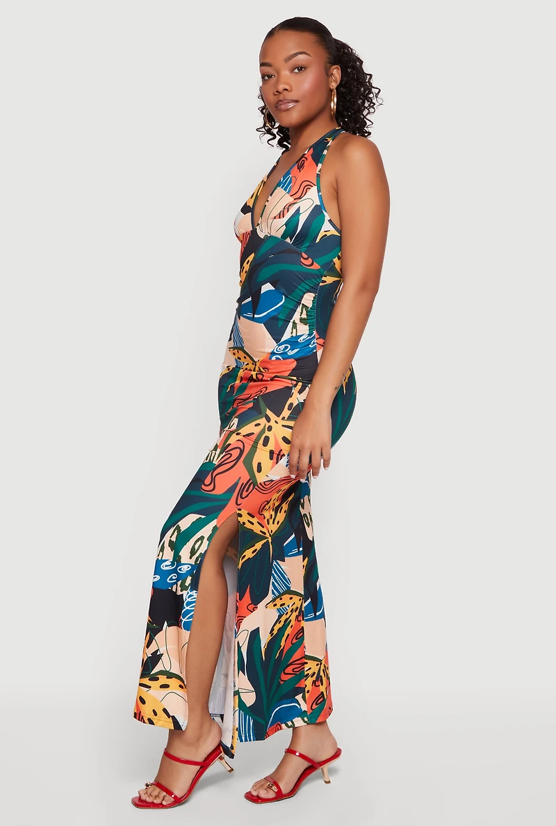 Printed Pattern Tie Back Halter Neck Mermaid Dress