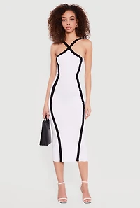 Contrast Trim Ribbed Knit Criss Cross Midi Dress