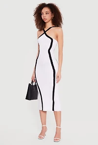 Contrast Trim Ribbed Knit Criss Cross Midi Dress