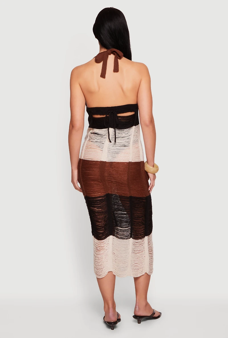 Tie Back Halter Neck Distressed Striped Dress