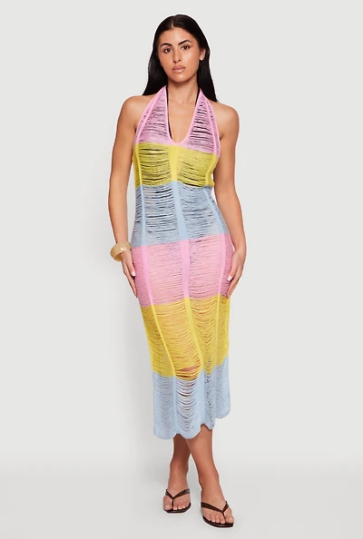 Tie Back Halter Neck Distressed Striped Dress