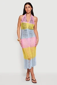 Tie Back Halter Neck Distressed Striped Dress