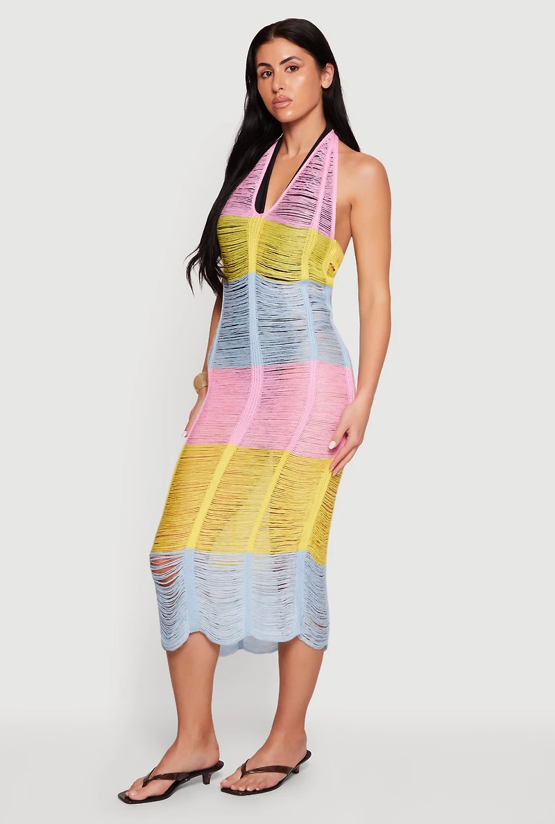 Tie Back Halter Neck Distressed Striped Dress