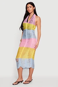 Tie Back Halter Neck Distressed Striped Dress