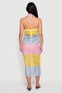 Tie Back Halter Neck Distressed Striped Dress