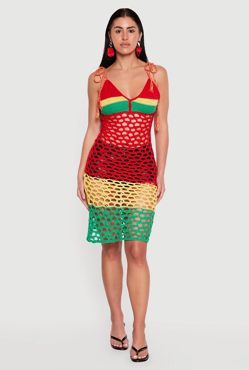 Color Blocked Tie Shoulder Crochet Dress